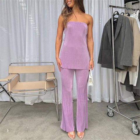Summer Solid Causal Off Shoulder Top Ruffled Loose High Waist Long Flare Pant Set CODE: KAR2134