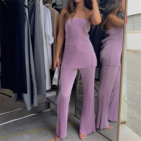 Summer Solid Causal Off Shoulder Top Ruffled Loose High Waist Long Flare Pant Set CODE: KAR2134