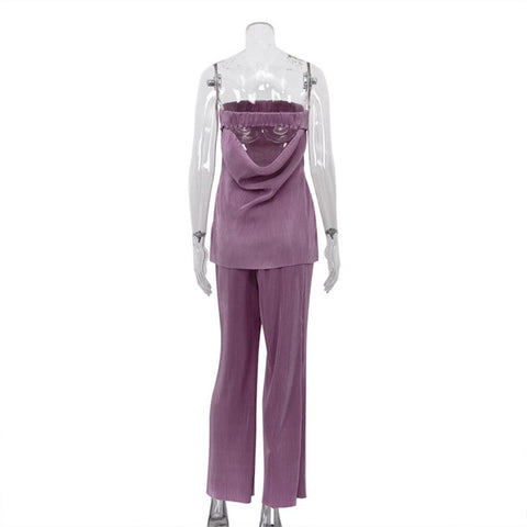 Summer Solid Causal Off Shoulder Top Ruffled Loose High Waist Long Flare Pant Set CODE: KAR2134