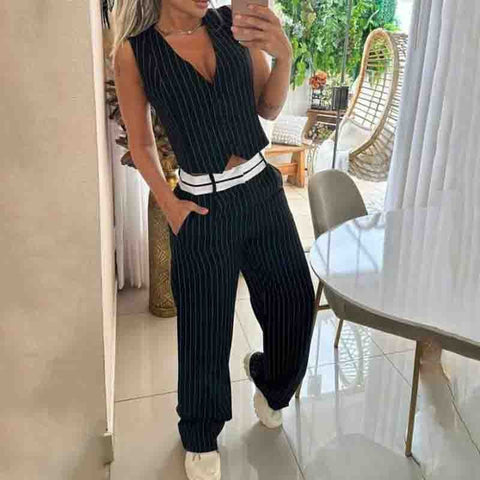 New Summer Striped Casual Elegant Sleeveless Button Vest Top+ Straight Leg Pant Two-Piece Set CODE: KAR2136