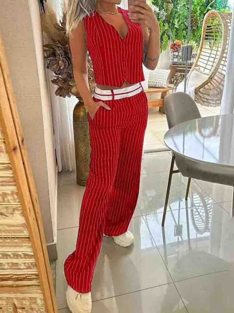 New Summer Striped Casual Elegant Sleeveless Button Vest Top+ Straight Leg Pant Two-Piece Set CODE: KAR2136