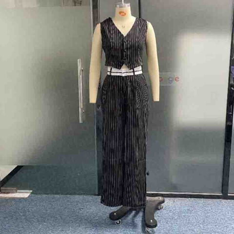 New Summer Striped Casual Elegant Sleeveless Button Vest Top+ Straight Leg Pant Two-Piece Set CODE: KAR2136