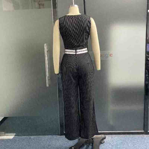 New Summer Striped Casual Elegant Sleeveless Button Vest Top+ Straight Leg Pant Two-Piece Set CODE: KAR2136
