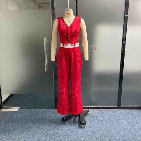 New Summer Striped Casual Elegant Sleeveless Button Vest Top+ Straight Leg Pant Two-Piece Set CODE: KAR2136
