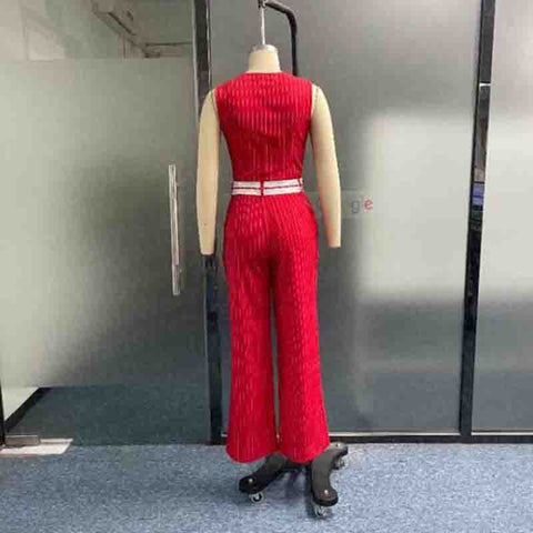 New Summer Striped Casual Elegant Sleeveless Button Vest Top+ Straight Leg Pant Two-Piece Set CODE: KAR2136