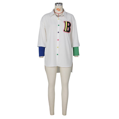 New Casual High Low Long Sleeve Letter Colorful Button Up Shirts CODE: KAR2137