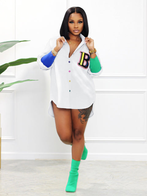 New Casual High Low Long Sleeve Letter Colorful Button Up Shirts CODE: KAR2137