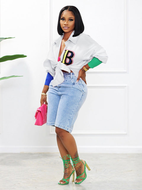 New Casual High Low Long Sleeve Letter Colorful Button Up Shirts CODE: KAR2137