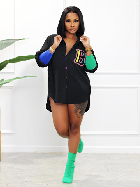 New Casual High Low Long Sleeve Letter Colorful Button Up Shirts CODE: KAR2137