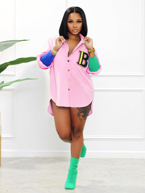 New Casual High Low Long Sleeve Letter Colorful Button Up Shirts CODE: KAR2137