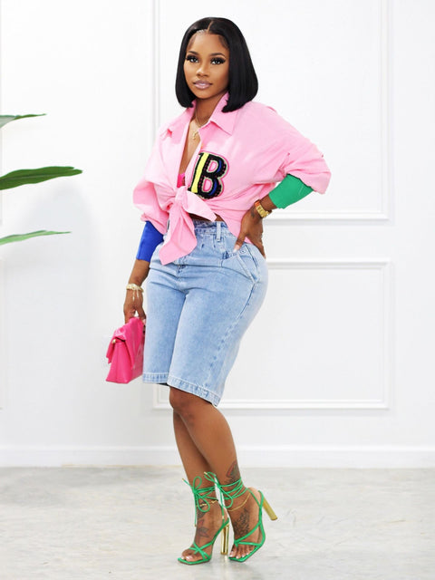 New Casual High Low Long Sleeve Letter Colorful Button Up Shirts CODE: KAR2137