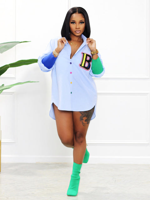 New Casual High Low Long Sleeve Letter Colorful Button Up Shirts CODE: KAR2137