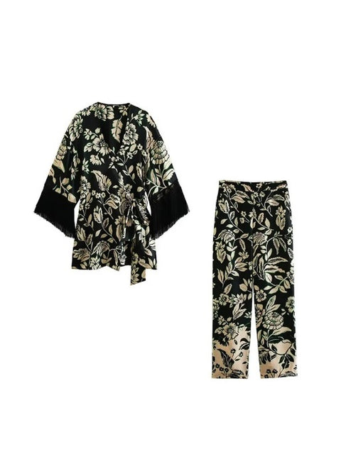 Summer Casual Loose Tassel Sleeve Bow Top Elastic Wide Leg Pant CODE: KAR2141