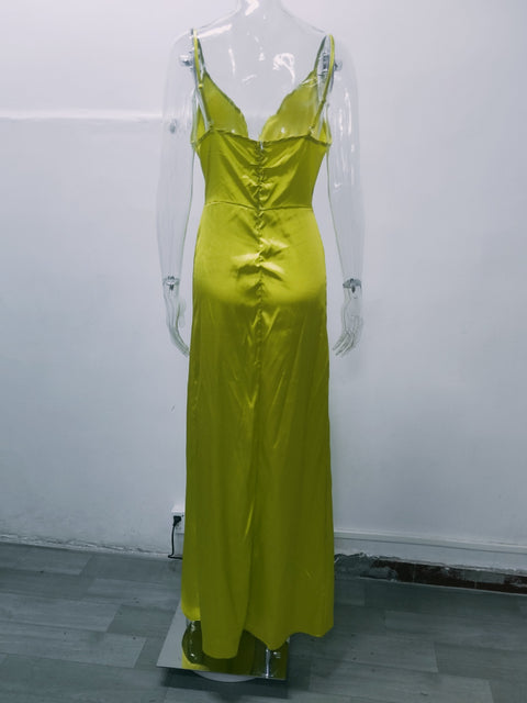 New Satin Spaghetti Strap Draped Deep V-neck Wrap High Slit Sleeveless Maxi Long Dress CODE: KAR2148