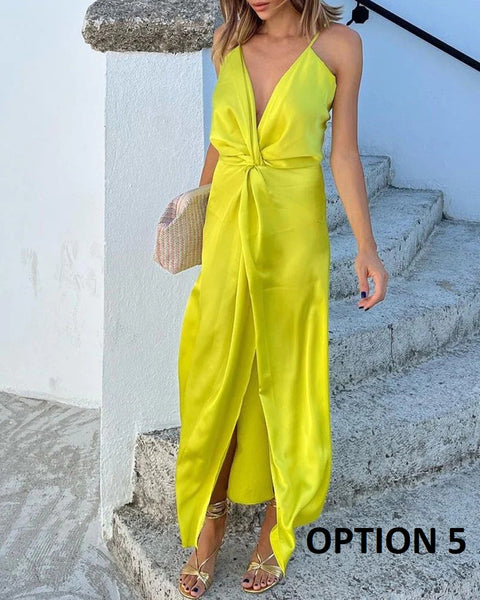 New Satin Spaghetti Strap Draped Deep V-neck Wrap High Slit Sleeveless Maxi Long Dress CODE: KAR2148