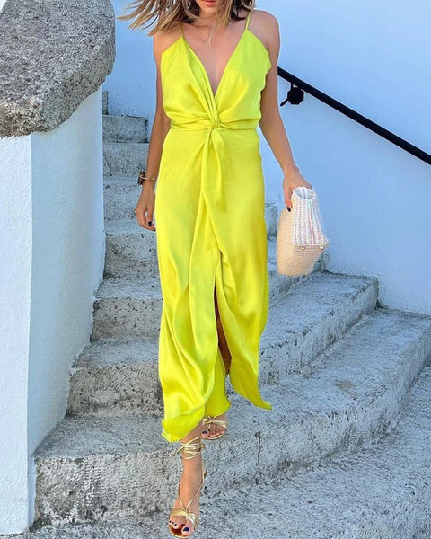 New Satin Spaghetti Strap Draped Deep V-neck Wrap High Slit Sleeveless Maxi Long Dress CODE: KAR2148