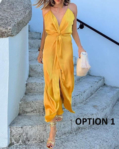 New Satin Spaghetti Strap Draped Deep V-neck Wrap High Slit Sleeveless Maxi Long Dress CODE: KAR2148