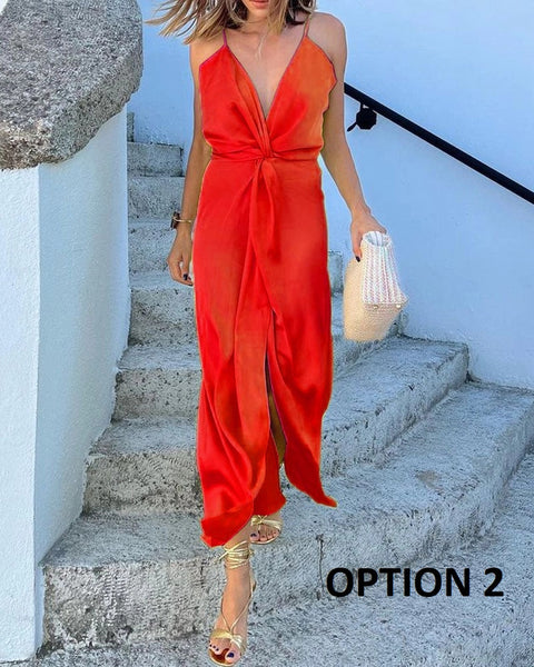 New Satin Spaghetti Strap Draped Deep V-neck Wrap High Slit Sleeveless Maxi Long Dress CODE: KAR2148