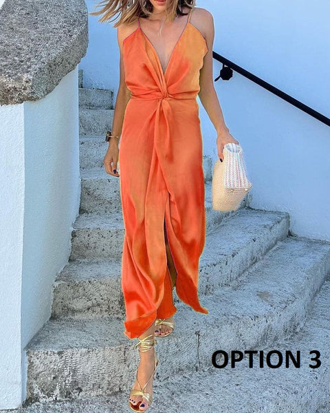 New Satin Spaghetti Strap Draped Deep V-neck Wrap High Slit Sleeveless Maxi Long Dress CODE: KAR2148