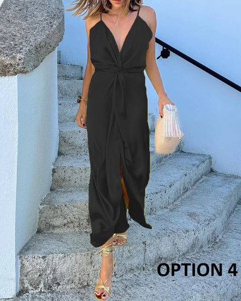 New Satin Spaghetti Strap Draped Deep V-neck Wrap High Slit Sleeveless Maxi Long Dress CODE: KAR2148