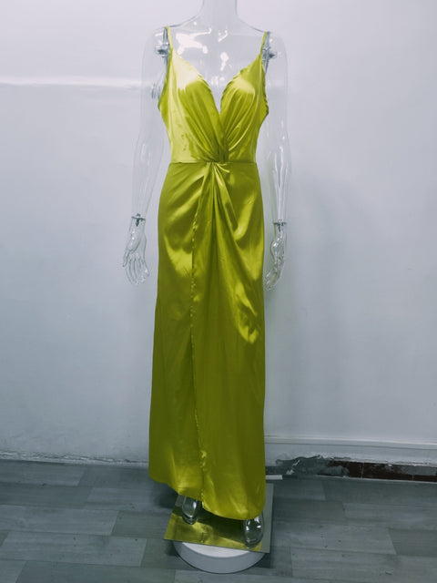 New Satin Spaghetti Strap Draped Deep V-neck Wrap High Slit Sleeveless Maxi Long Dress CODE: KAR2148