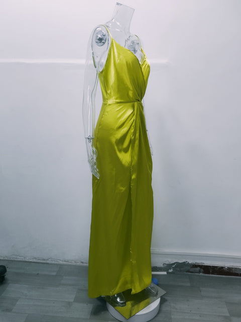 New Satin Spaghetti Strap Draped Deep V-neck Wrap High Slit Sleeveless Maxi Long Dress CODE: KAR2148
