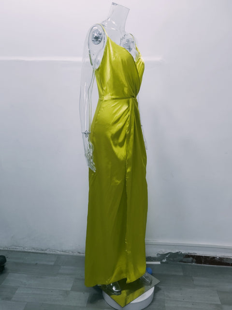 New Satin Spaghetti Strap Draped Deep V-neck Wrap High Slit Sleeveless Maxi Long Dress CODE: KAR2148