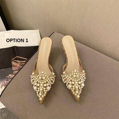 Sexy Elegant String Bead Crystal Patchwork Slip-On Thin Heels CODE: KAR2151