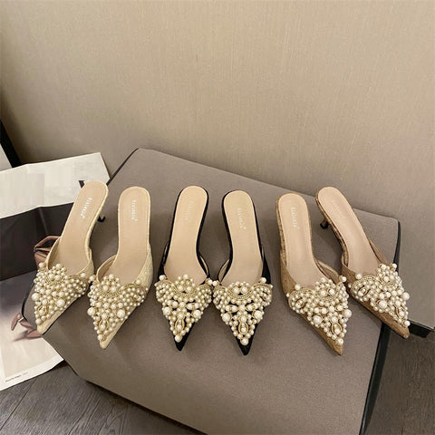 Sexy Elegant String Bead Crystal Patchwork Slip-On Thin Heels CODE: KAR2151