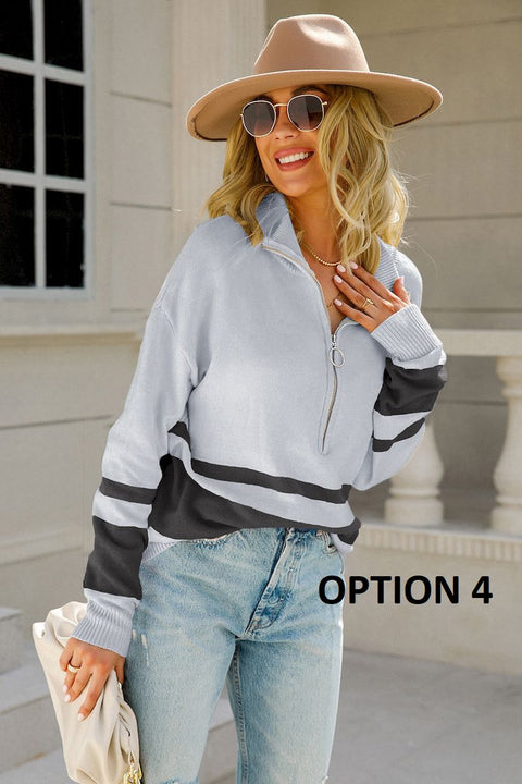 Winter Elegant Striped Long Sleeve Zipper Oversize Pullover CODE: KAR2152