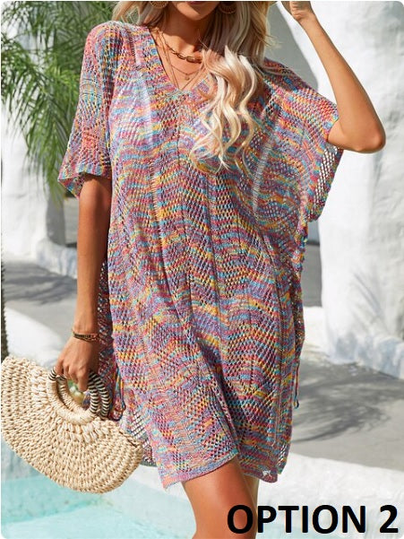 Summer Fashion Print Bikini Cover-Ups See-Through Hollow-Out Short Sleeve Swimwear CODE: KAR2153