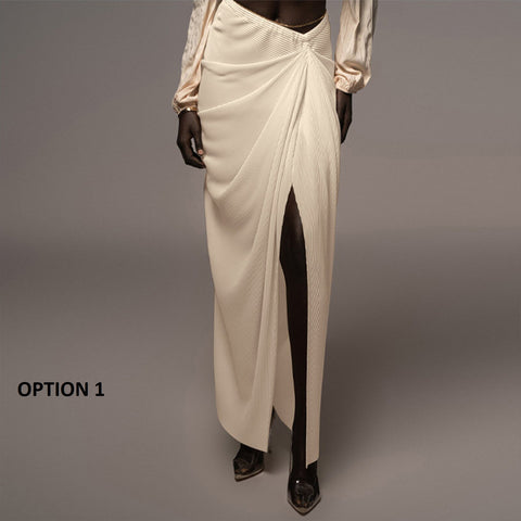 Sexy Long Split Solid Color Asymmetry Pleated Low-waisted Fashion Simple Casual Skirts CODE: KAR2155