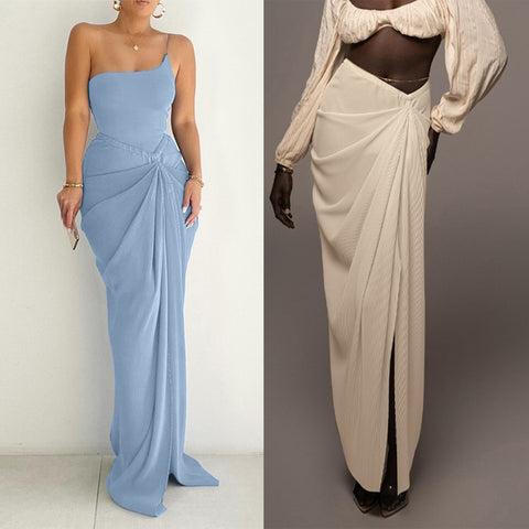 Sexy Long Split Solid Color Asymmetry Pleated Low-waisted Fashion Simple Casual Skirts CODE: KAR2155