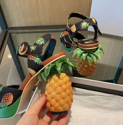 Pineapple Print Open-toe Sweet Buckle Strappy High-heel Sandal CODE: KAR2157