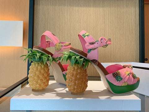 Pineapple Print Open-toe Sweet Buckle Strappy High-heel Sandal CODE: KAR2157