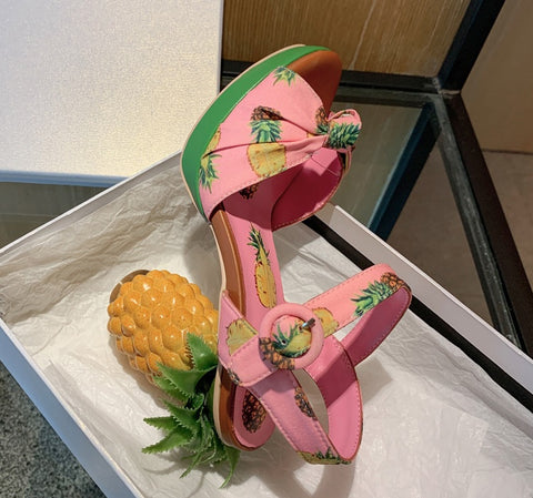 Pineapple Print Open-toe Sweet Buckle Strappy High-heel Sandal CODE: KAR2157