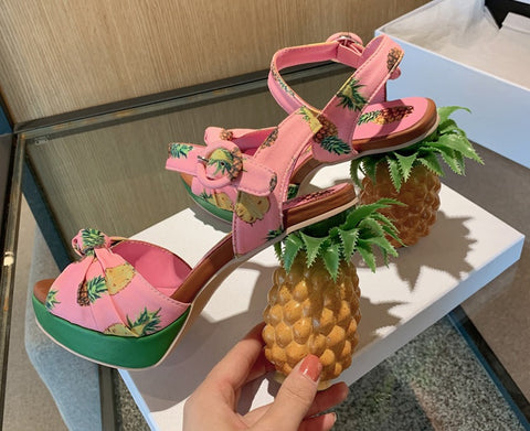 Pineapple Print Open-toe Sweet Buckle Strappy High-heel Sandal CODE: KAR2157