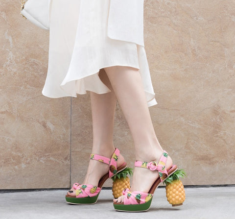 Pineapple Print Open-toe Sweet Buckle Strappy High-heel Sandal CODE: KAR2157