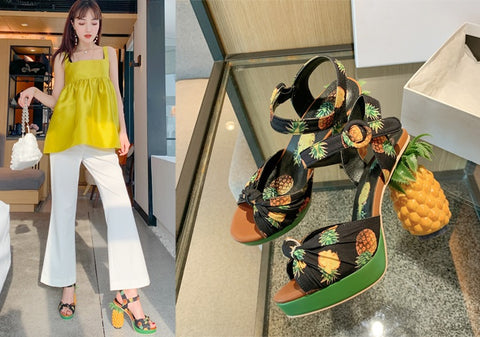 Pineapple Print Open-toe Sweet Buckle Strappy High-heel Sandal CODE: KAR2157