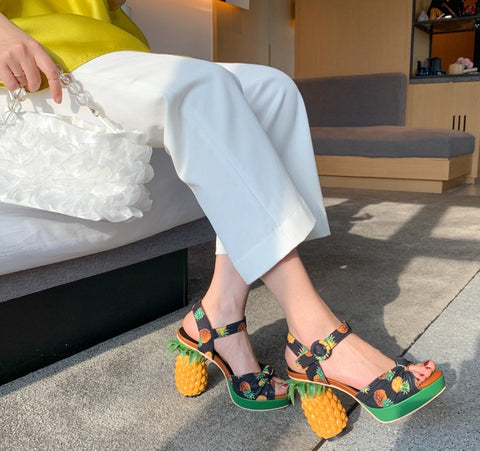 Pineapple Print Open-toe Sweet Buckle Strappy High-heel Sandal CODE: KAR2157