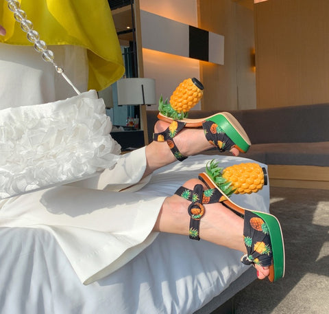 Pineapple Print Open-toe Sweet Buckle Strappy High-heel Sandal CODE: KAR2157