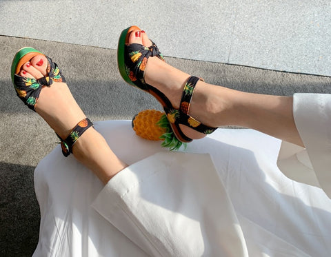 Pineapple Print Open-toe Sweet Buckle Strappy High-heel Sandal CODE: KAR2157