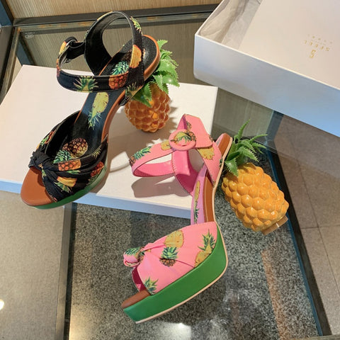 Pineapple Print Open-toe Sweet Buckle Strappy High-heel Sandal CODE: KAR2157