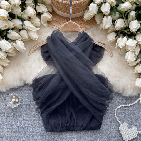 Summer Patchwork Mesh Camisole Backless Style Sexy Tank Top CODE: KAR2160