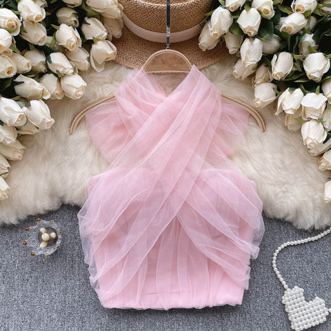 Summer Patchwork Mesh Camisole Backless Style Sexy Tank Top CODE: KAR2160