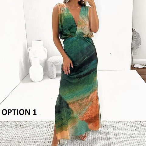 Summer V Neck Tie-dye Long Casual Sleeveless Slim Backless Waisted Split Dress CODE: KAR2162