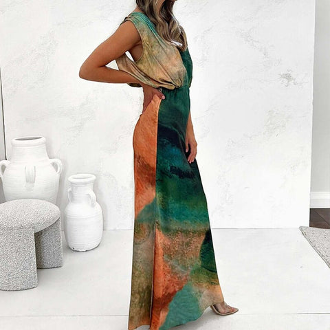 Summer V Neck Tie-dye Long Casual Sleeveless Slim Backless Waisted Split Dress CODE: KAR2162