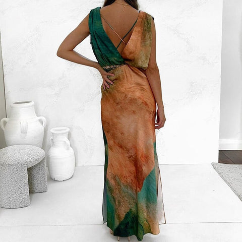 Summer V Neck Tie-dye Long Casual Sleeveless Slim Backless Waisted Split Dress CODE: KAR2162