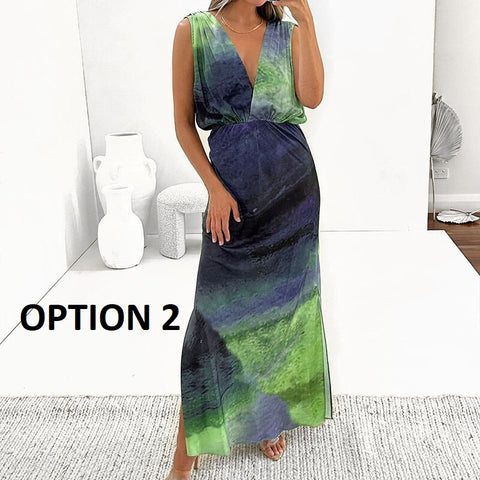 Summer V Neck Tie-dye Long Casual Sleeveless Slim Backless Waisted Split Dress CODE: KAR2162