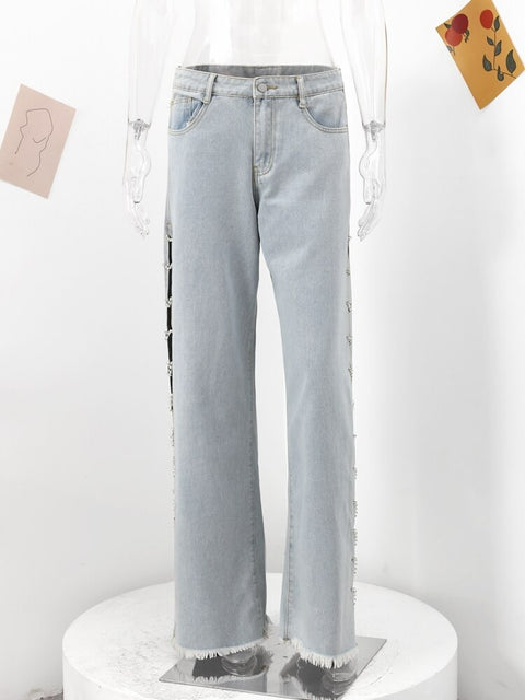 New Casual Hollow Out Rhinestone Chain Wide Leg Cargo Pant CODE: KAR2163